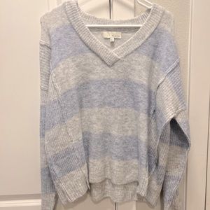 Blue & Grey Striped Cozy V-Neck Sweater by PINCH